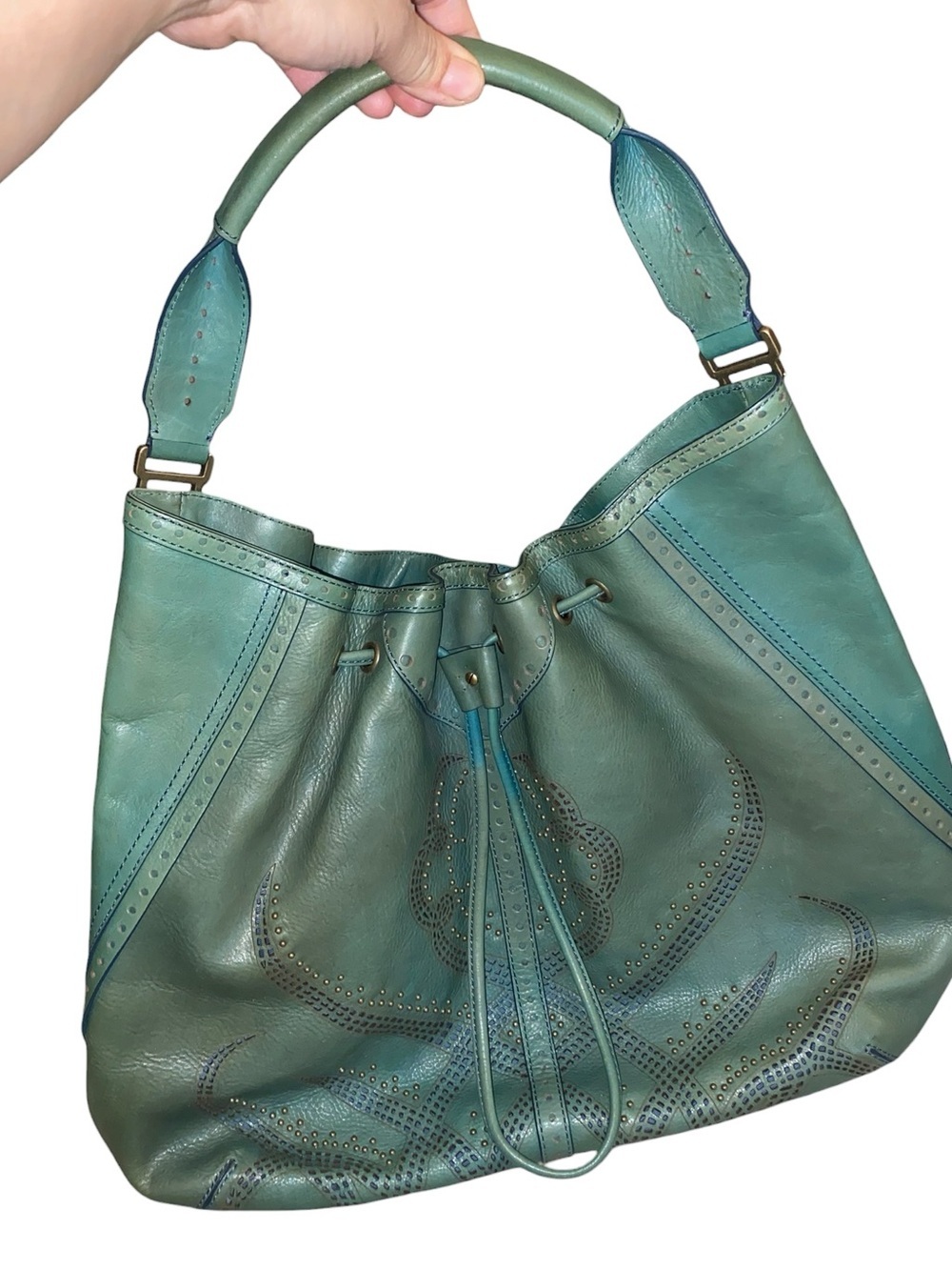 Y2K Vintage Cole Haan Teal Leather Drawstring brass studded Hobo Bag Boho fairy - Picture 2 of 13